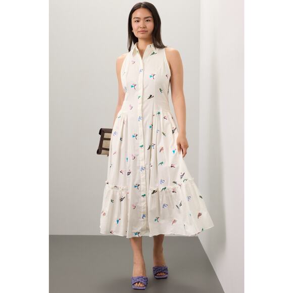PRABAL GURUNG X RTR White Cotton Floral Embroidered Sleeveless Midi Dress 10 - Picture 3 of 16
